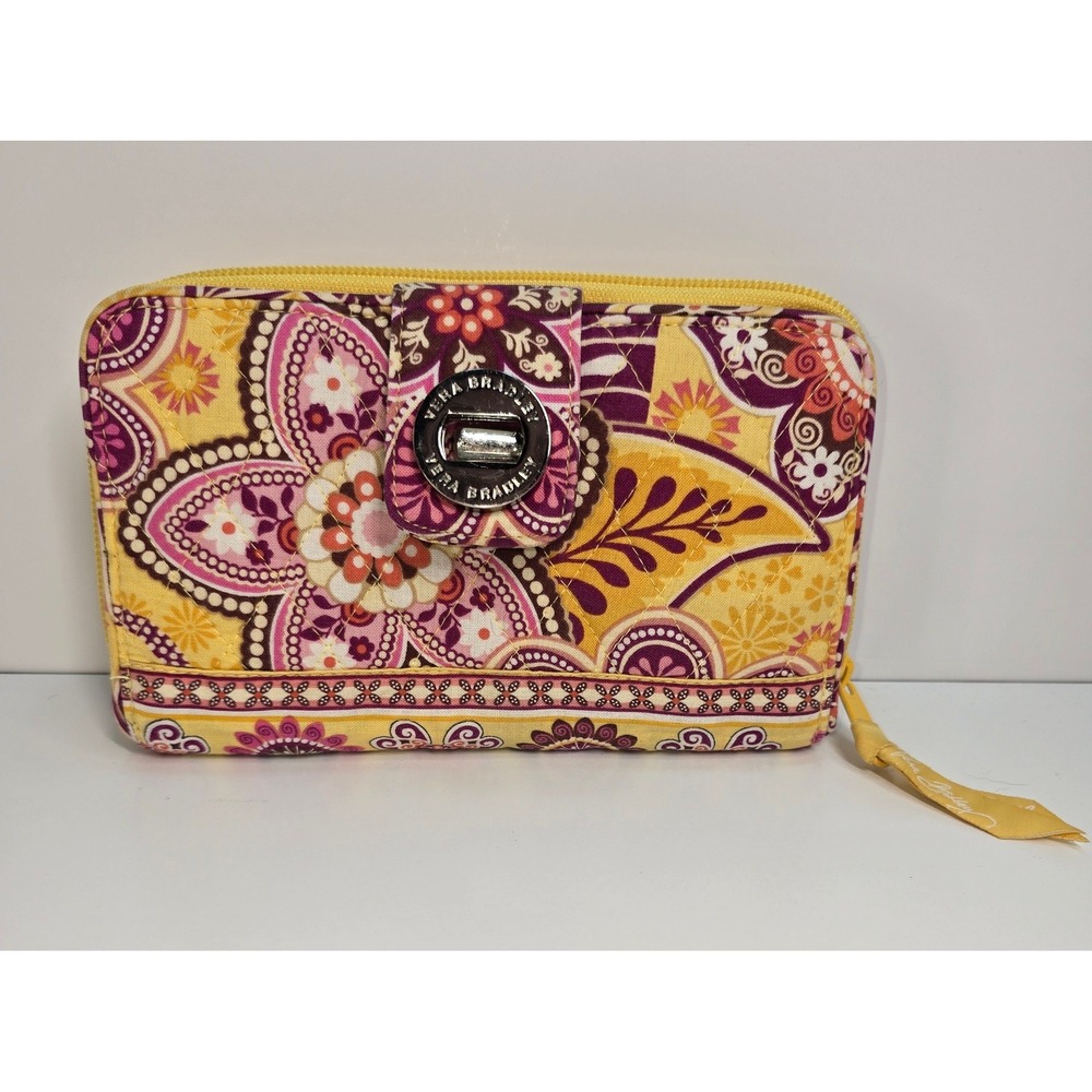 Vera Bradley Retired Yellow Purple Floral Accordion Zip Around Wallet Organizer